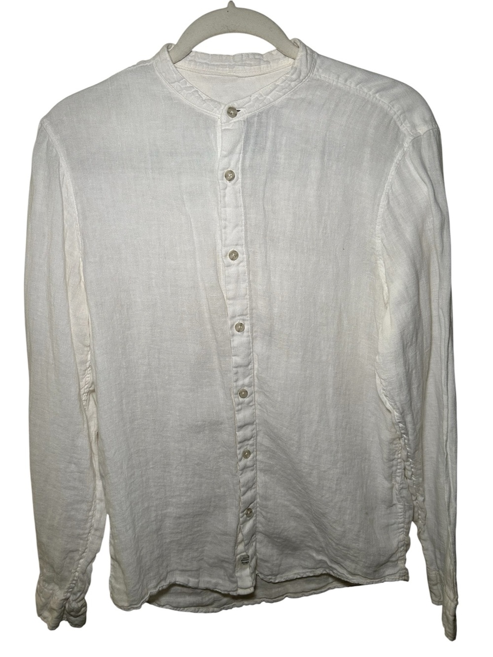 Pull & Bear Men's White Linen Band Collar Shirt Small Long Sleeve